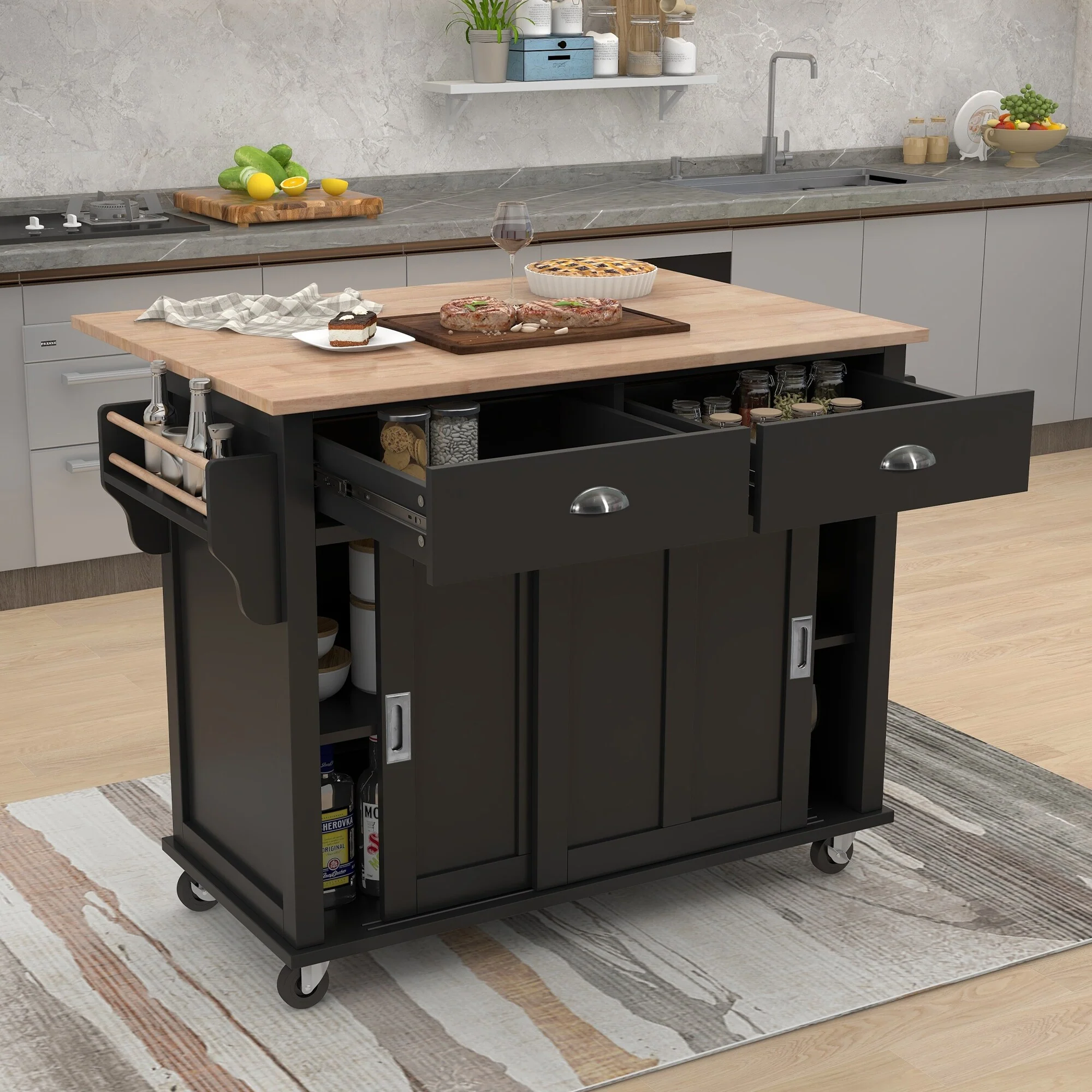 Kitchen Island with Drop-Leaf Countertop, Rolling Kitchen Cart on Wheels, Storage Trolley with 2 Drawers & 2 Sliding Doors