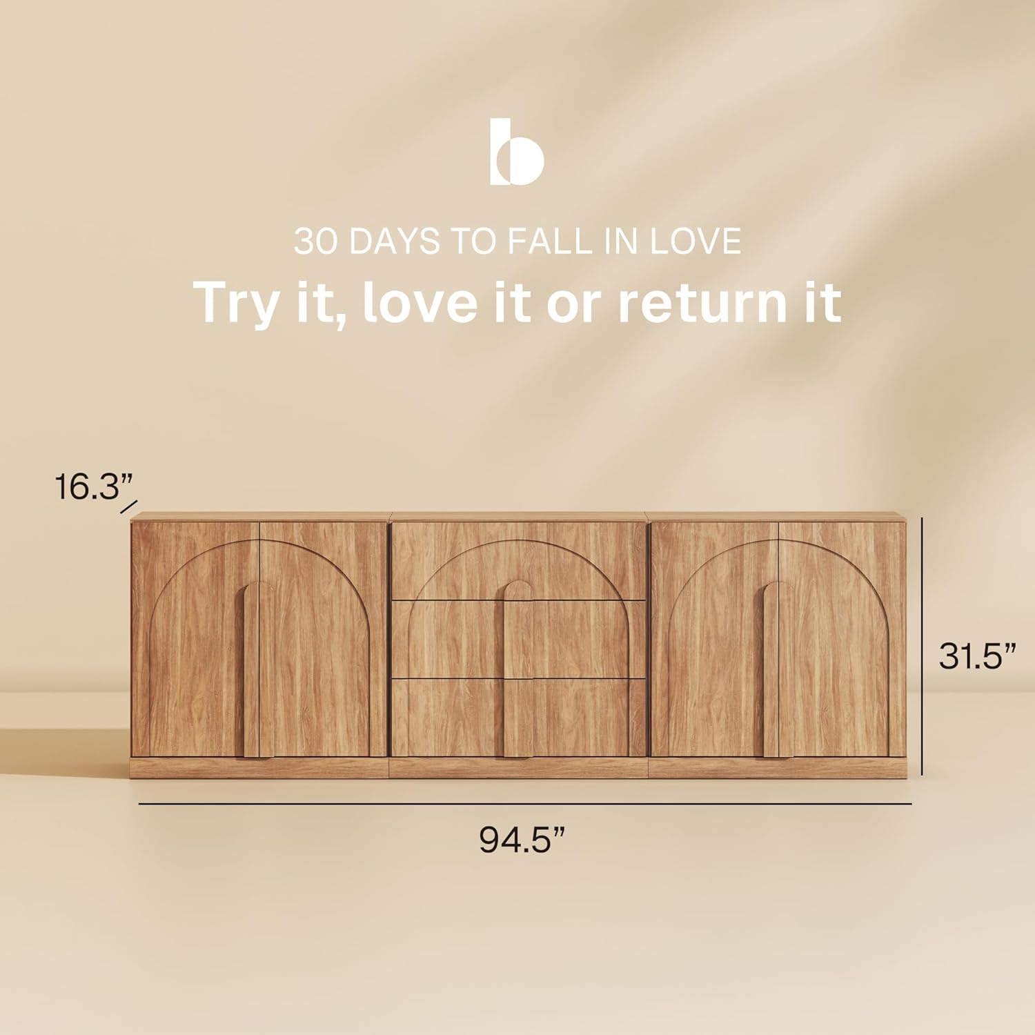 BELLEZE 3-Piece Modular Sideboard Cabinet Set Freely Configurable, Modern Wood Buffet Cabinet Contain 2 Arched Cabinet and 3-Drawer Storage, Credenza Console for Living Room Kitchen, Camel