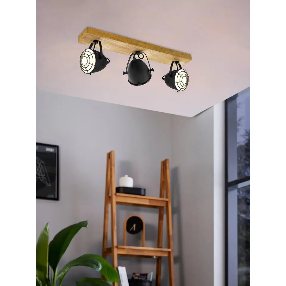 EGLOGatebeck-wand/plafondlamp-3-lichts-E14-hout/zwart