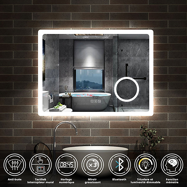Miroir salle de bain bluetooth   loupe   horloge   tricolore   anti-buée 80x60cm dimmable,mémoire,tactile,led, AICA SANITAIRE
