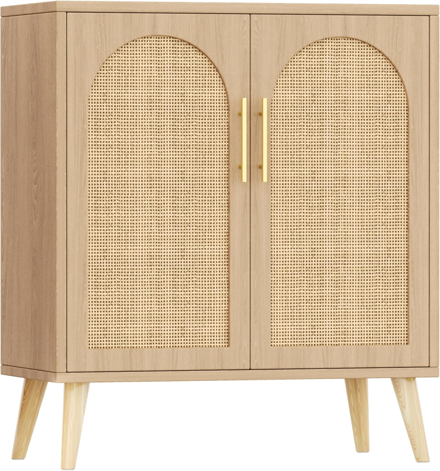 Keehusux Rattan Buffet Cabinet with Storage, Boho Buffet Table with Adjustable Shelf and Solid Wood Legs, Accent Sideboard with Doors, Floor Cabinet for Kitchen, Dining Room and Living Room, Natural