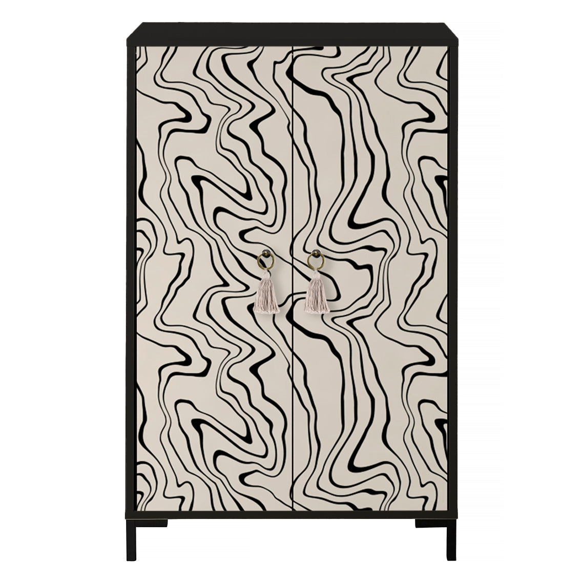 Dressoir van MDF met 2 decoratieve deuren, motief met golvende zwarte lijnen