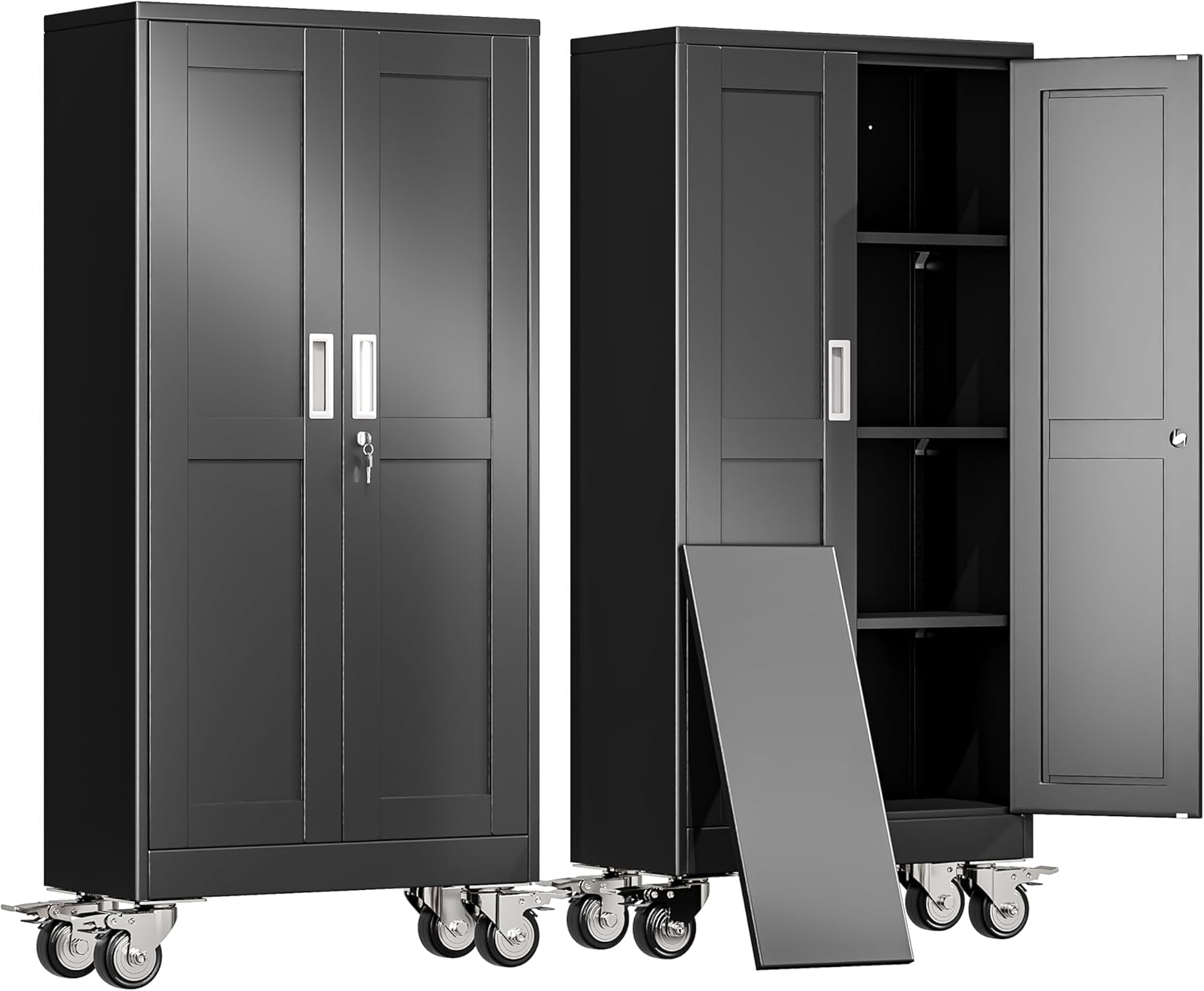 erosoei 61 H Metal Garage Storage Cabinet, Rolling Tool Cabinet with 2 Doors and Wheels, Locker Steel Cabinet with 3 Adjustable Shelves, Organization Cabinet for Garage,Office,Home,Gym,School（Black）