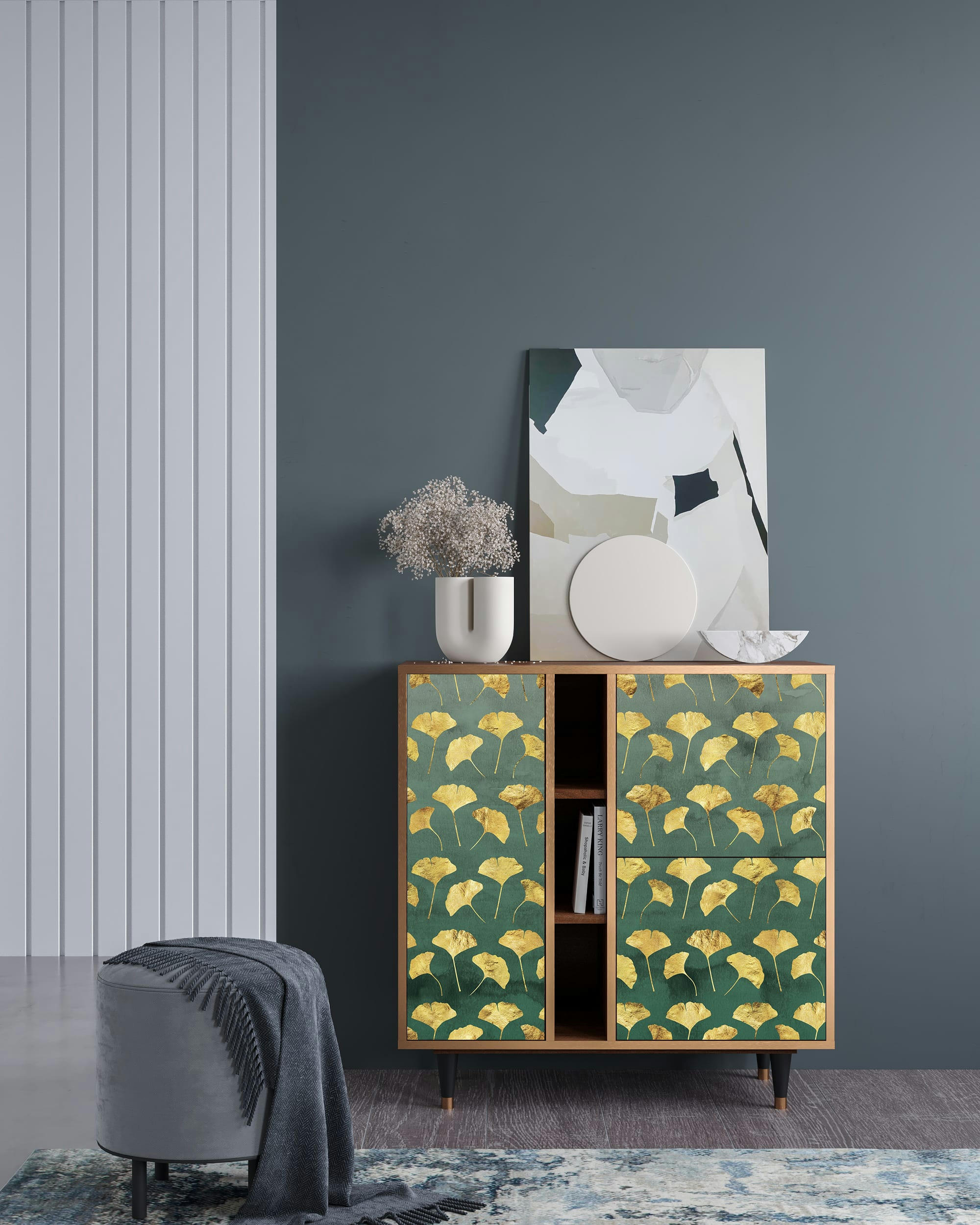 GINGKO LEAVES - Buffet  vert et jaune 3 portes L 94 cm