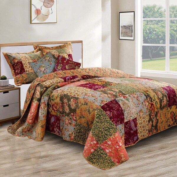 Kamet 5 Piece Fabric Queen Size Quilt Set with Floral Prints, Multicolor
