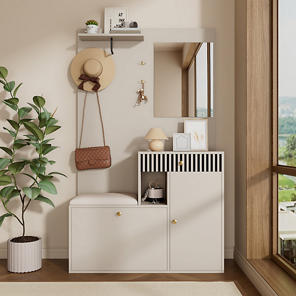 Meuble d'entrée 110 cm avec miroir, assise rembourrée et étagères réglables, tiroirs texturés beige-crème