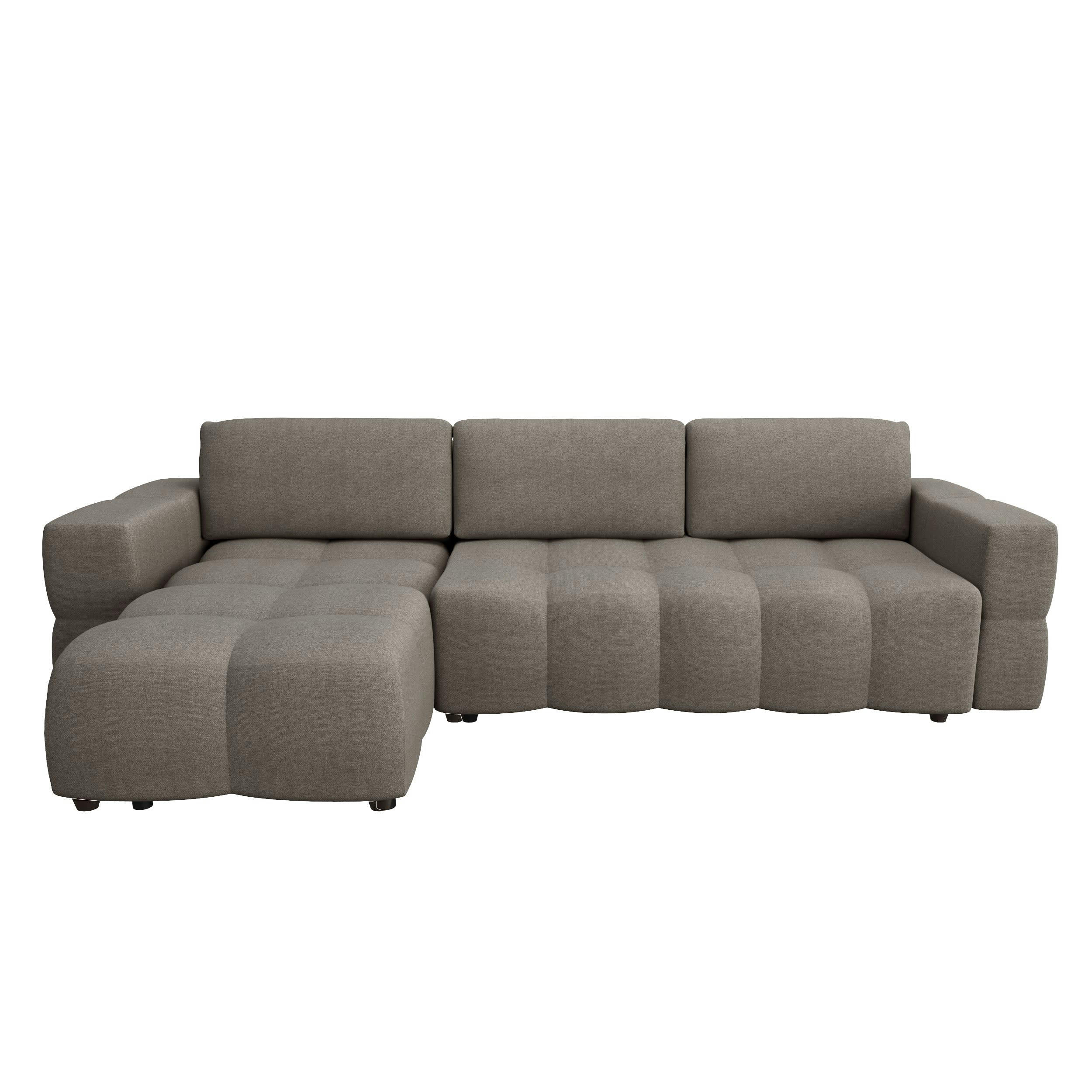 GABRIEL - Canapé d'angle gauche convertible coffre tissu tramé taupe 260x180cm