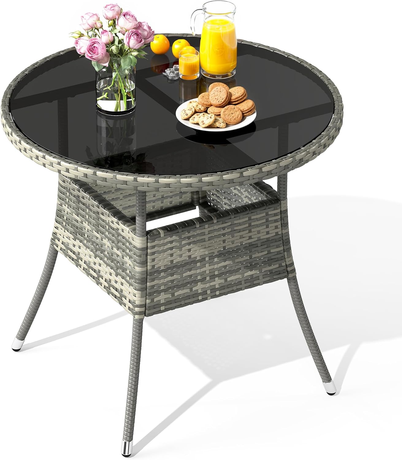YITAHOME Outdoor Dining Table Round for 4 31.5 Patio Dining Table with Easy-to-Clean Glass Tabletop, All-Weather Rattan Bistro Table Round for Backyard Deck Porch Poolside, Gray