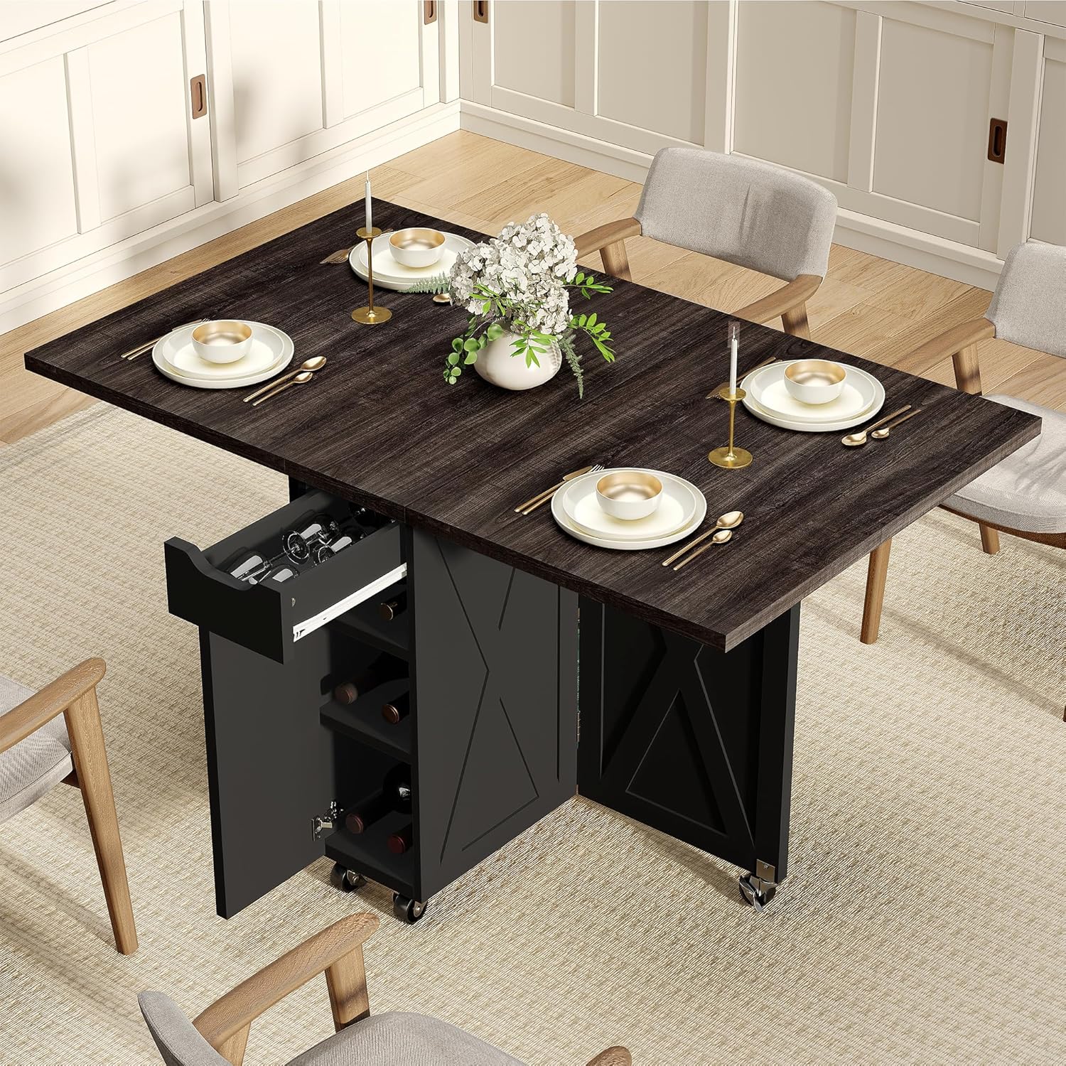 Folding Dining Table with 6 Wheels, Drop Leaf Tables for Small Spaces, Foldable Dining Table with 2-Layer Storage Rack, Kitchen Table with Drawer (Brown Wood and Black)