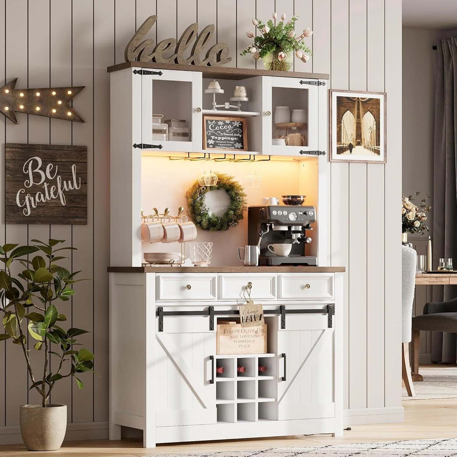 Modern Farmhouse Coffee Bar Cabinet with LED Lights & Power Outlets, Kitchen Cabinet