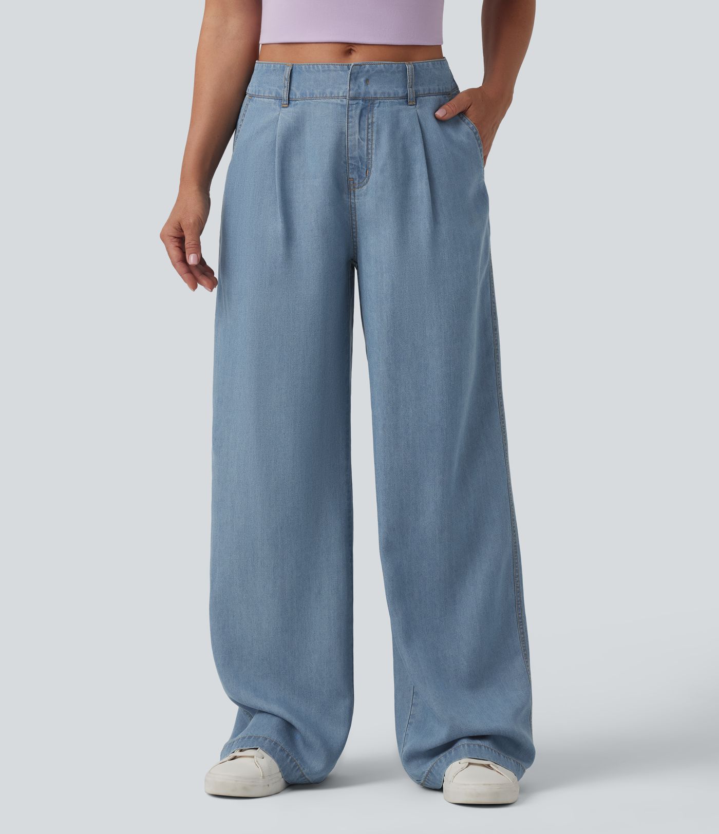 Jean large décontracté taille mi-haute en lyocell drapé avec poches