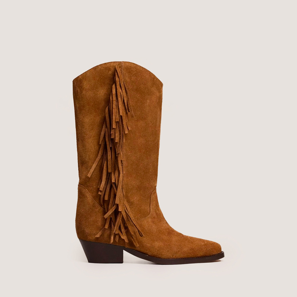 Bottes à franges et talons biseautésen croute cognac | DEFRANGE