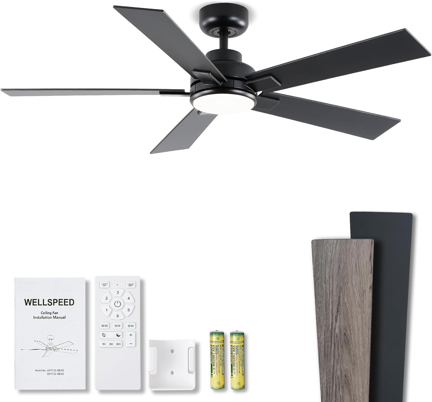 Modern Ceiling Fans with Lights - 52 inch Black Outdoor Ceiling Fan with Light and Remote, Reversible DC Motor, 6-Speed Quiet 3CCT LED Dimmable for Bedroom, Indoor and Outdoor, Patios , ETL Listed