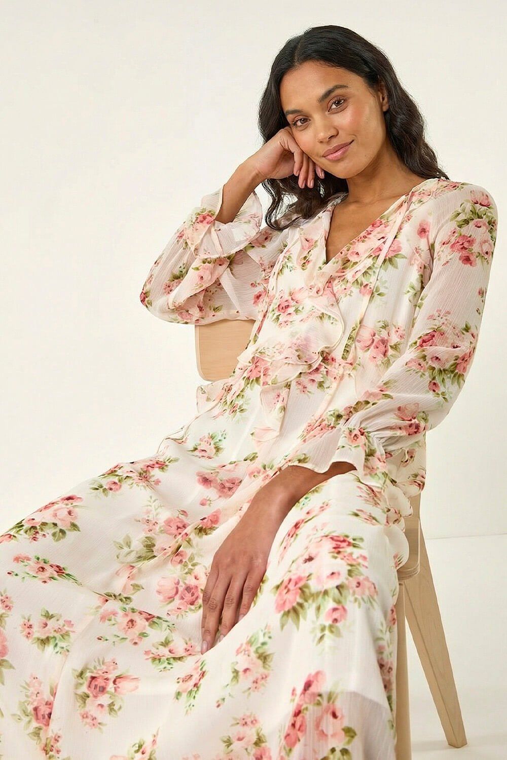 Roman Floral Frill Midi Dress