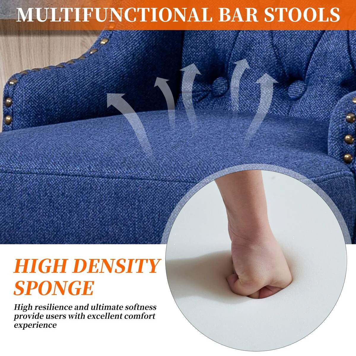 HOMEFUN Linen Upholstered Tufted Wood Frame 360°Swivel Nailhead Bar Stools(set of 2)