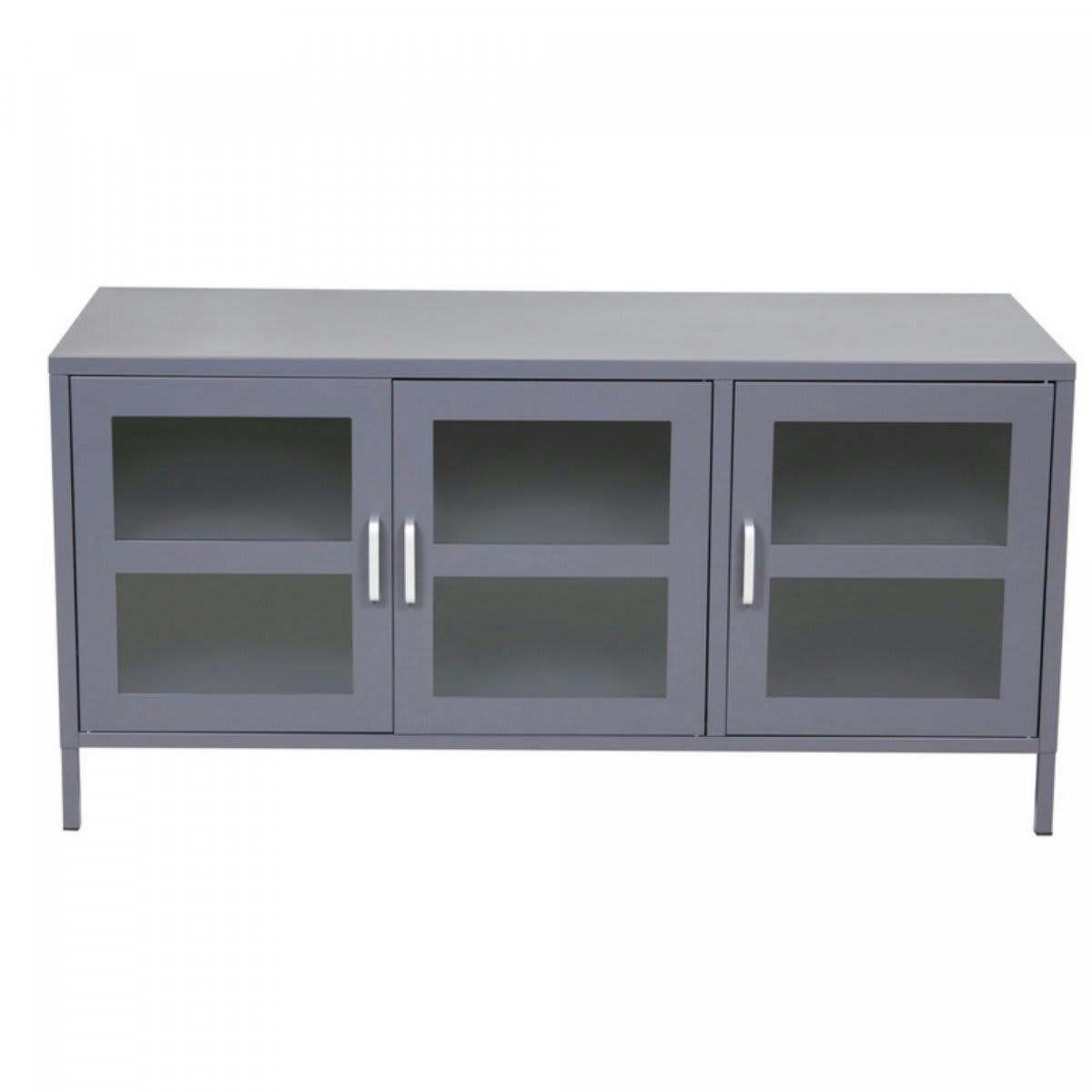 NATHAN - Meuble TV industriel en métal avec 3 portes vitrées gris