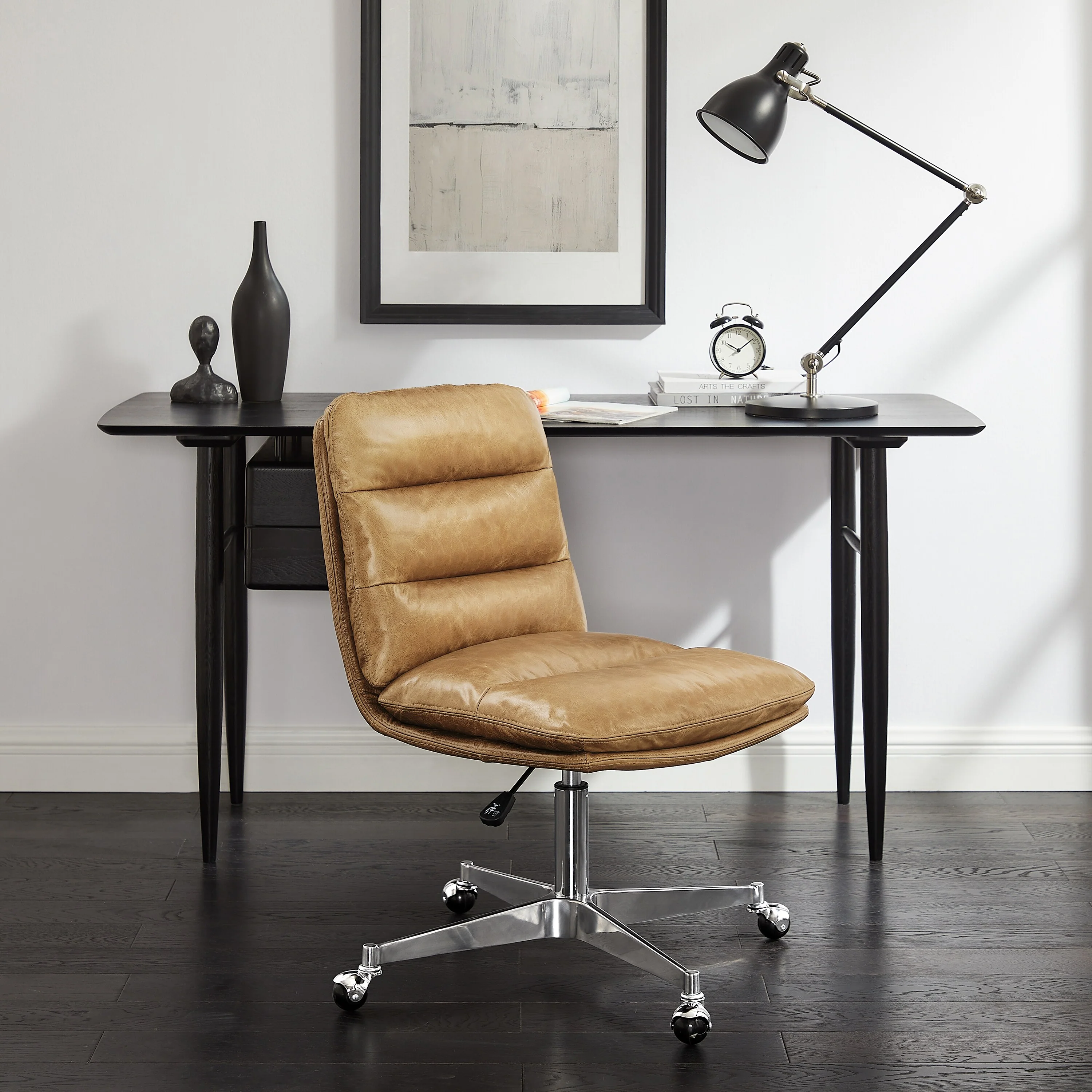 Art Leon Mid-Century Modern Genuine Leather Home Office Desk Chair
