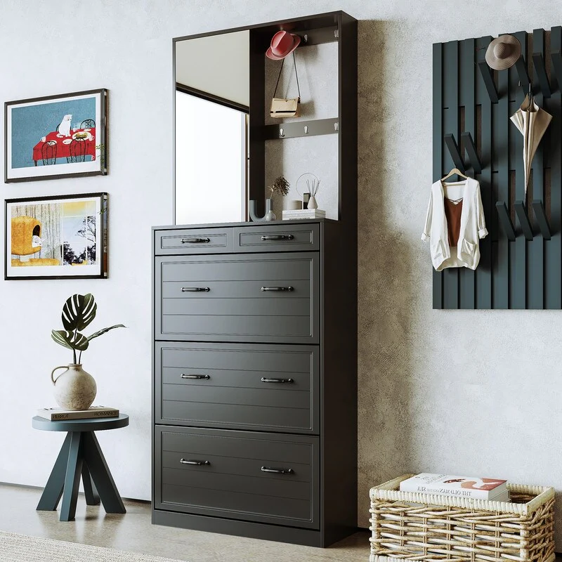 Multi-functional Shoe Cabinet with 3 Flip Drawers,Elegant Hall Tree with Mirror,Entryway Shoe Rack with 6 Hanging Hooks