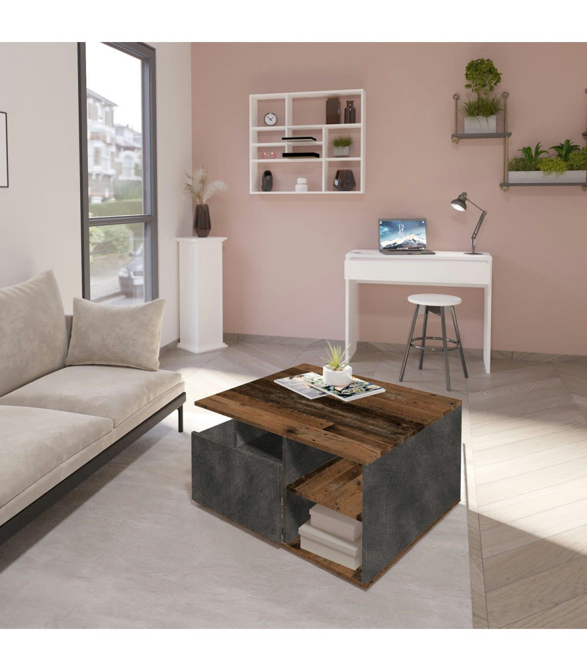 TWIN - Table Basse Carrée Roulettes 2 Tiroirs L70cm