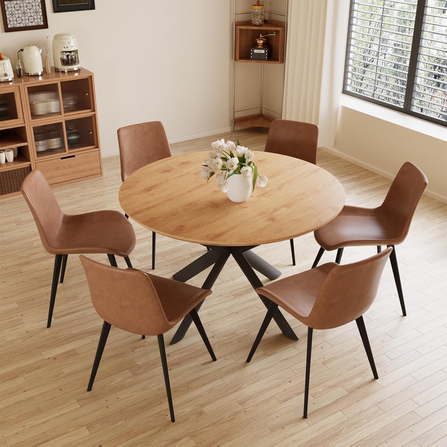 43.2-59.1 Extendable Round Dining Table Set, Mid Century Wooden Round Kitchen Table, Oak Coffee Table for 4-6 Person,PU Leather Chair