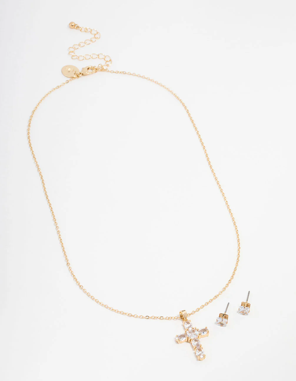 Gold Plated Cubic Zirconia Square Cross Necklace & Stud Earrings Set