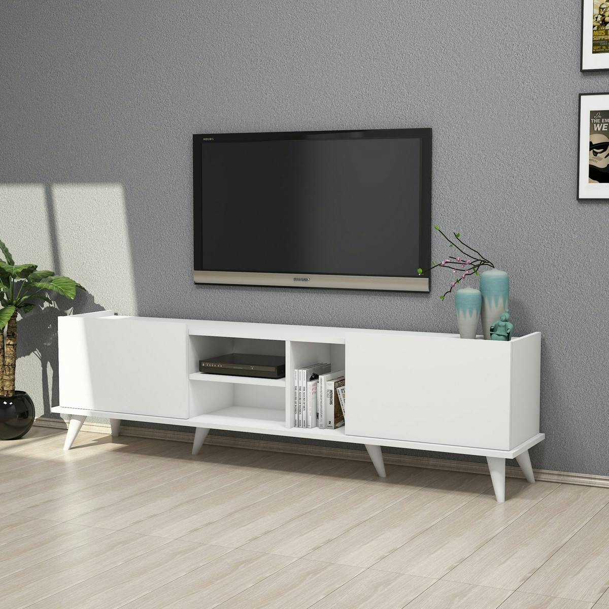 Meuble TV blanc avec rangement 2 portes 3 niches UMEA