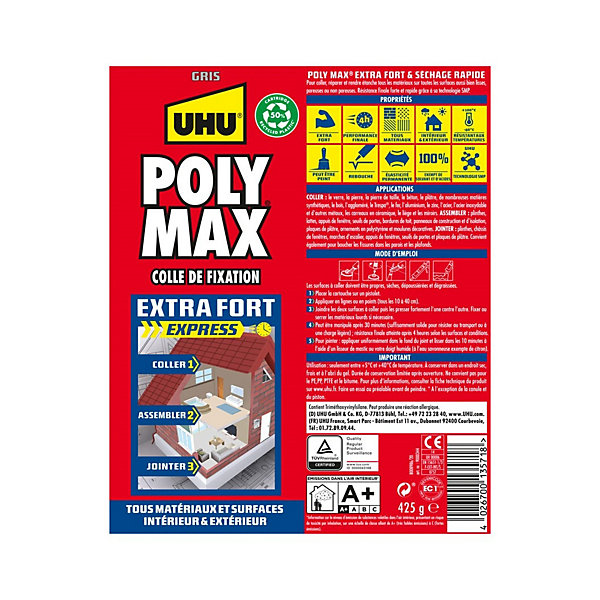 Colle mastic extra forte UHU Poly max gris 425g