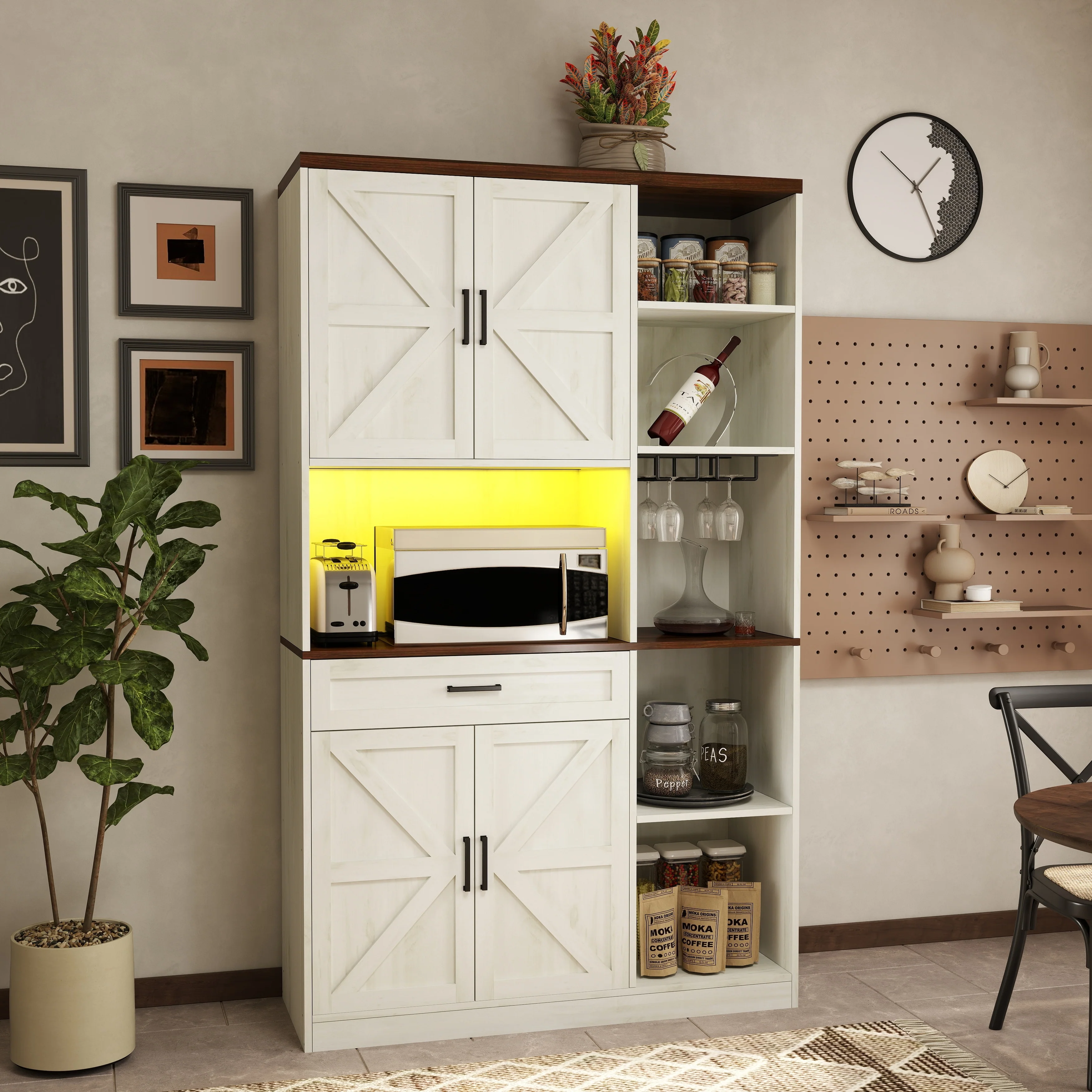 Multifunctional Kitchen Pantry Sideboard with Cabinet and Drawer, Glass Holder, Microwave Stand with Charging Station