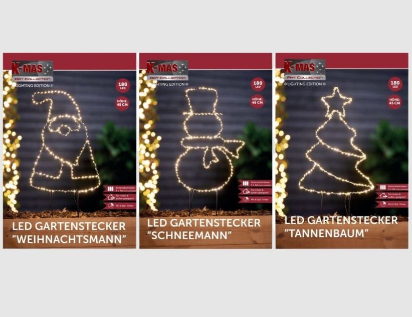 LED Gartenstecker Tannenbaum, Schneemann oder Weihnachtsmann Schwarz