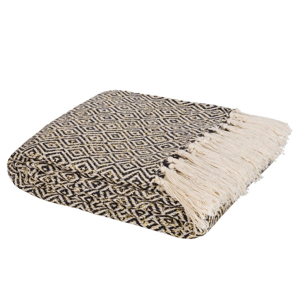 PEPITE - Plaid en coton noir et blanc motifs graphiques 130x170