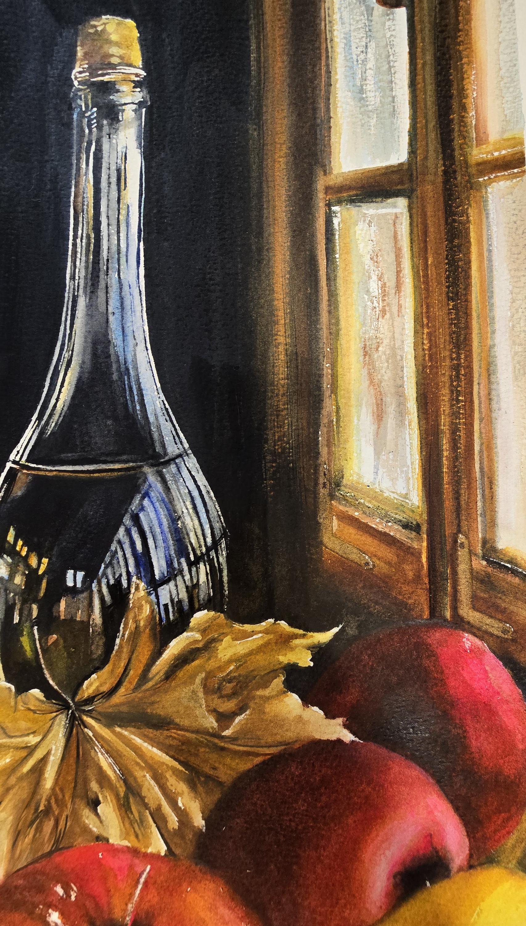 Original Autumn Still Life Watercolor Painting, Apples & Glass Bottle, Fall Home Decor