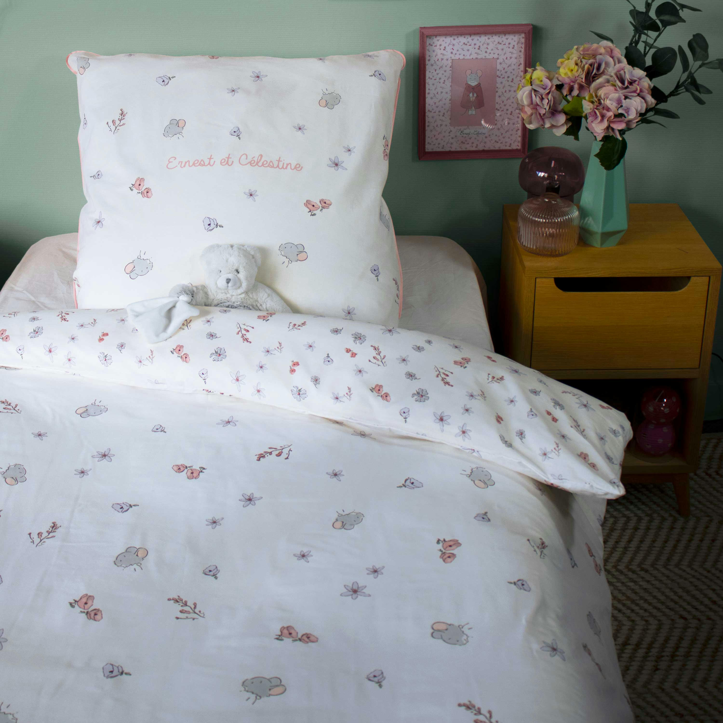 ERNEST ET CELESTINE JARDIN - Parure de lit imprimée en coton Blanc 140x200+63x63cm