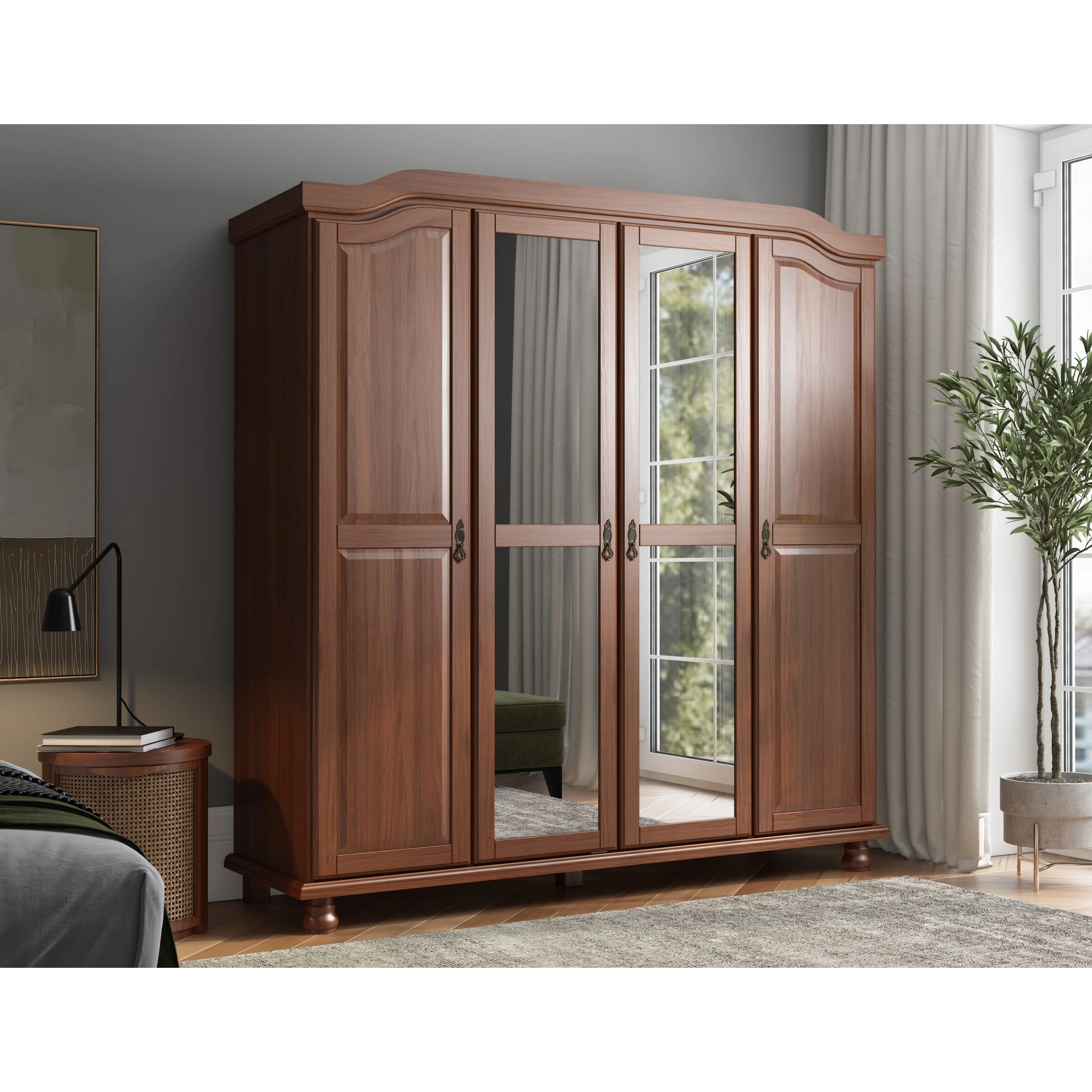 100% Solid Wood Kyle 4-Door Wardrobe Armoire with Mirrored Doors
