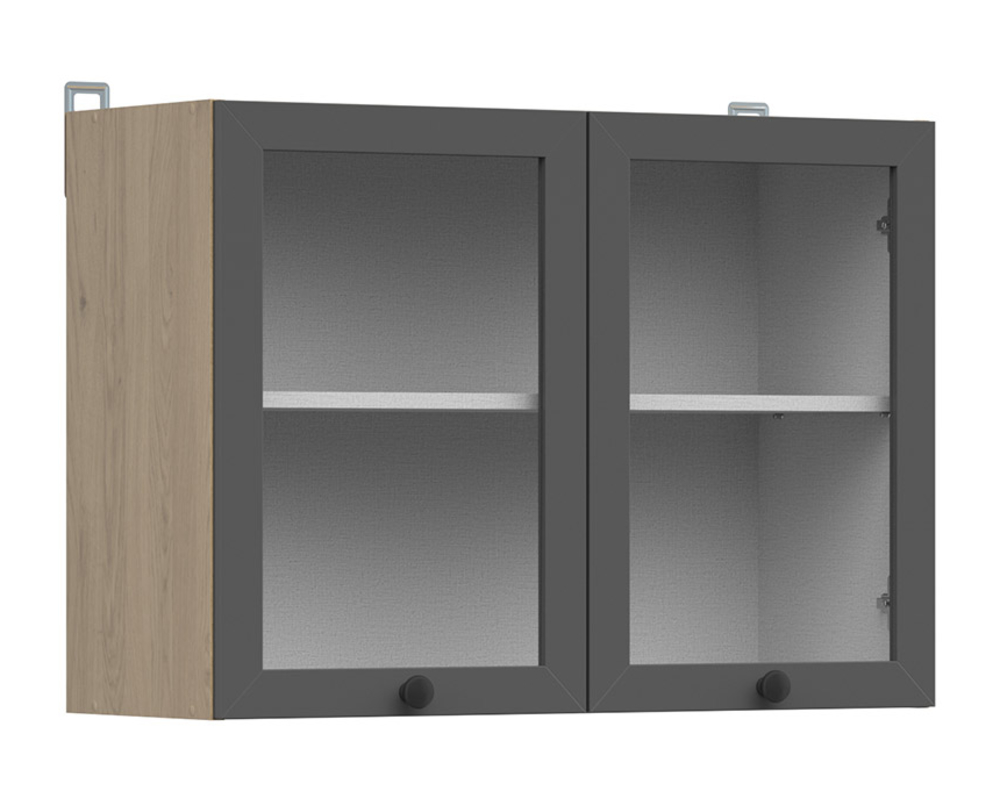 Szafka kuchenna górna Junona Line 80 cm dwudrzwiowa z witryną dąb bernstein/grafit