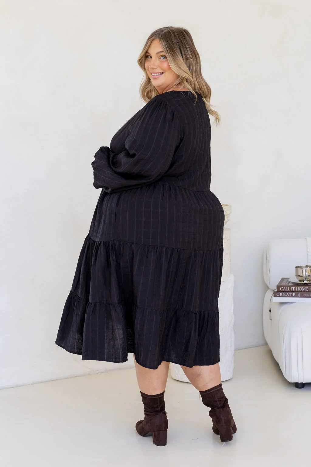 Long Sleeve Greta Midi Dress in Black