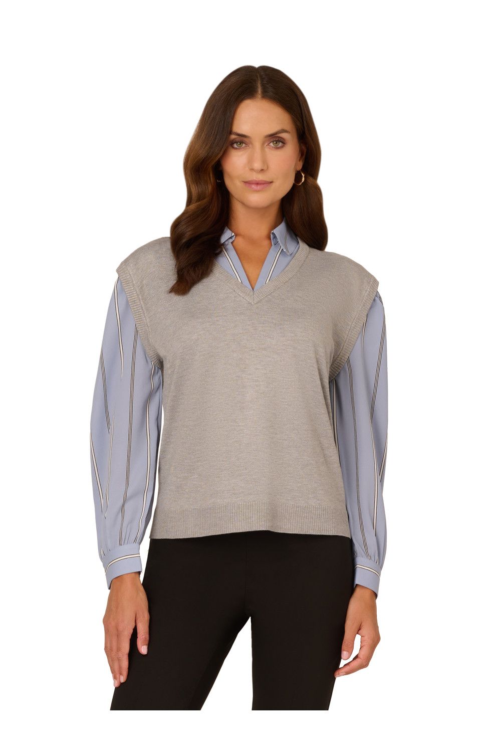 Adrianna Papell Oversized Sweater Vest Twofer With Printed Woven Combo