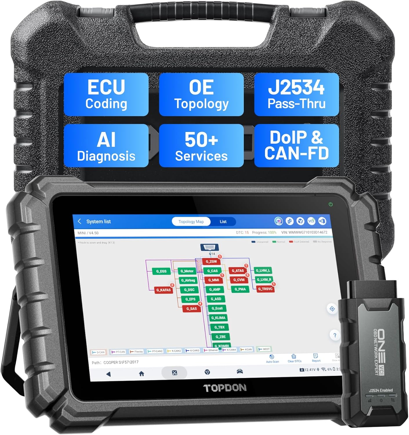 TOPDON ONE Bidirectional Scan Tool, 10.1 OBD2 Scanner with J2534 Pass-Thru and ECU Coding, Over 50 Resets, Topology Mapping Car Diagnostic Tool for All Vehicles