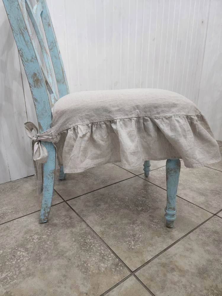 Chair Seat Cover 3 Sided Ruffle Natural Beige 100% Linen