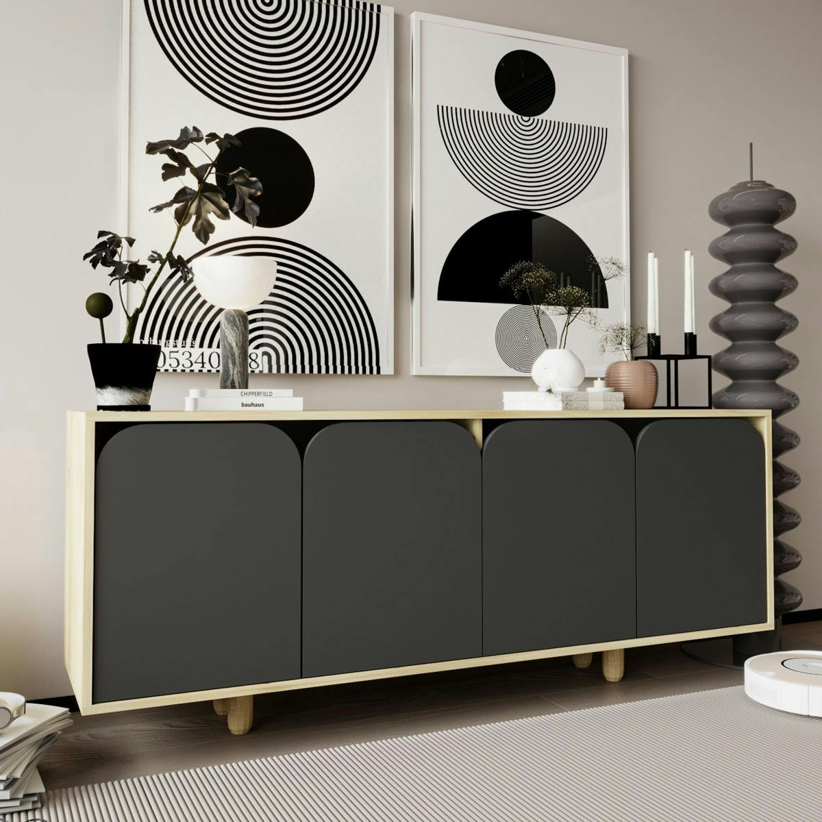 Buffet bas moderne effet bois 4 portes anthracites VAREN