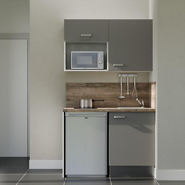 Kitchenette K07 façades Gris - Plan de travail Bois - Crédences : Oui - Evier inox - Electroménager Inox inclus