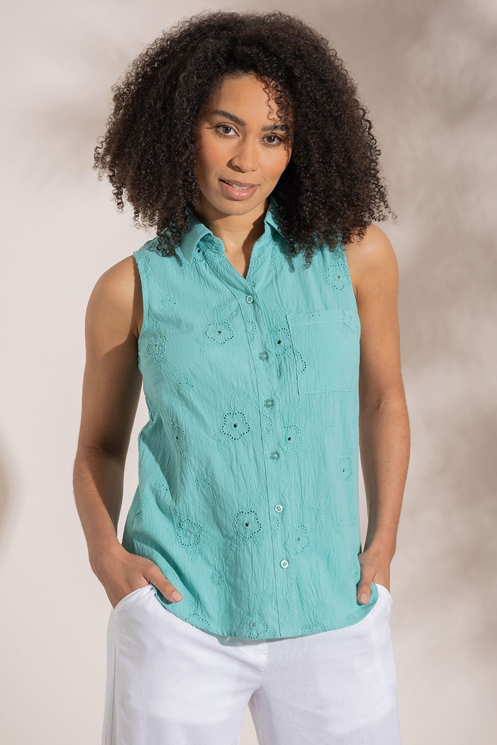 Klass. Sleeveless Embroidered Cotton Blouse