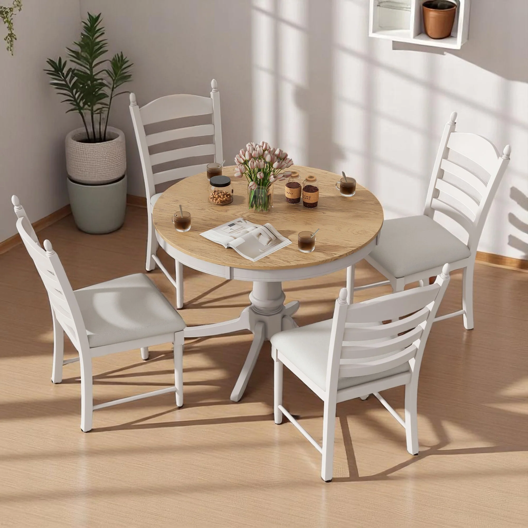5-Piece Retro Dining Set with Extendable Table and 4 Upholstered Chairs for Dining Room or Kitchen, Solid Wood, Farmhouse Style