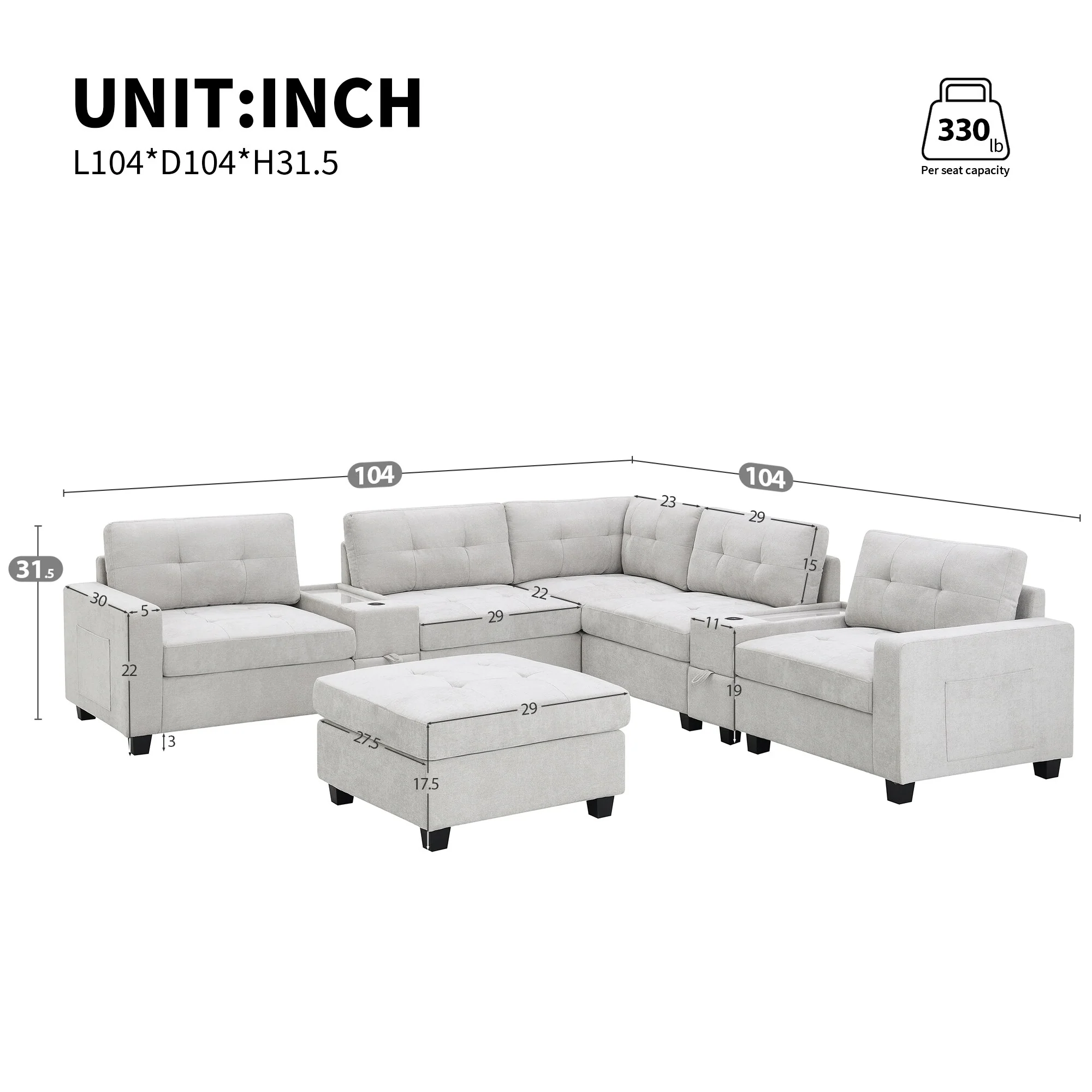 L-shape Chenille Sectional Sofa with 2 Acrylic Consoles Table Top, USB Charger, 2 Drawers, Pockets and Ottoman for Living Room