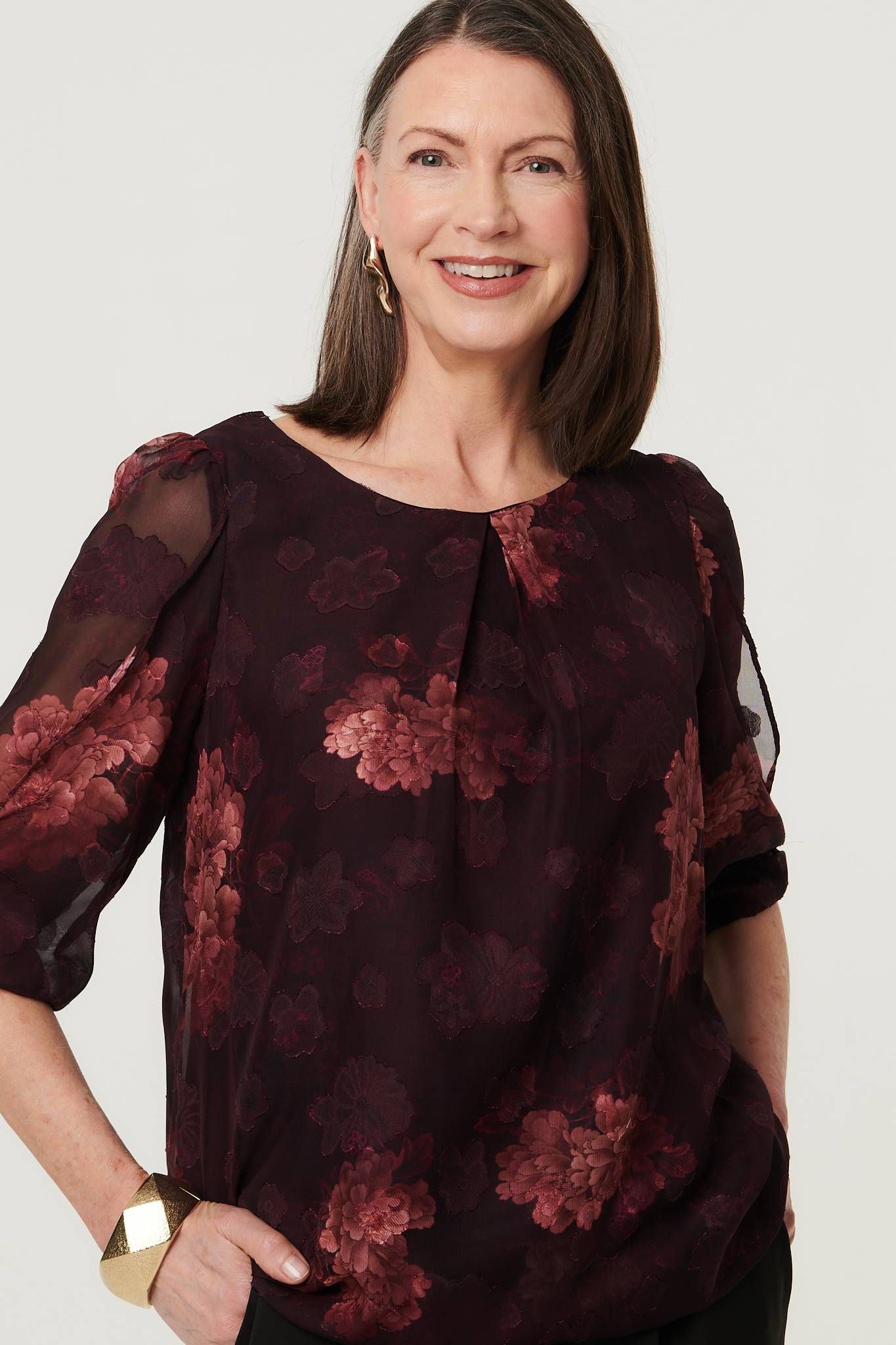 Izabel London Floral Mesh Layered 1/2 Sleeve Blouse