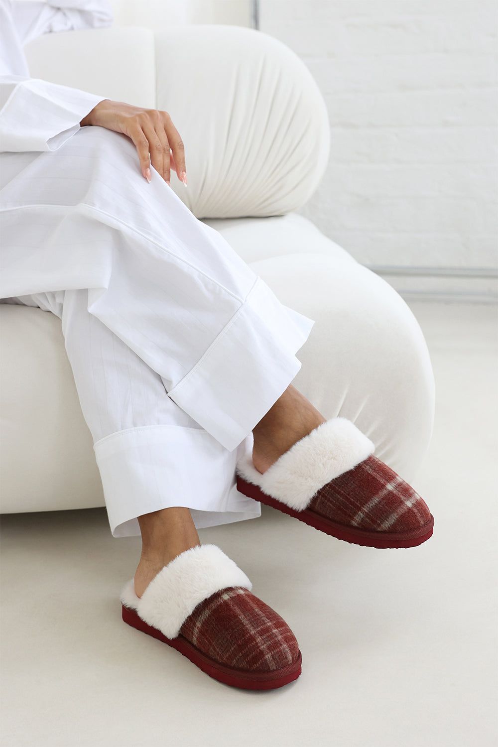 Where's That From Jemima' Tartan Mule Slippers with Faux Fur Trim