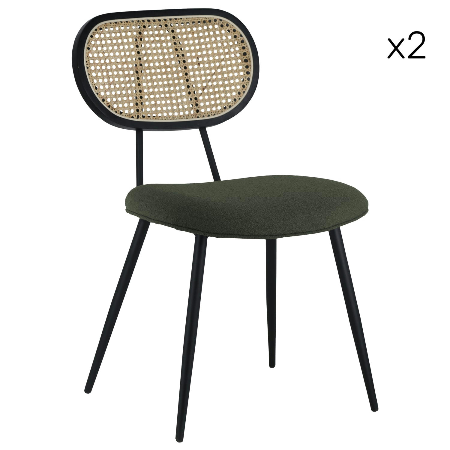 ELENA - Lot de 2 chaises en cannage et tissu boucle vert kaki
