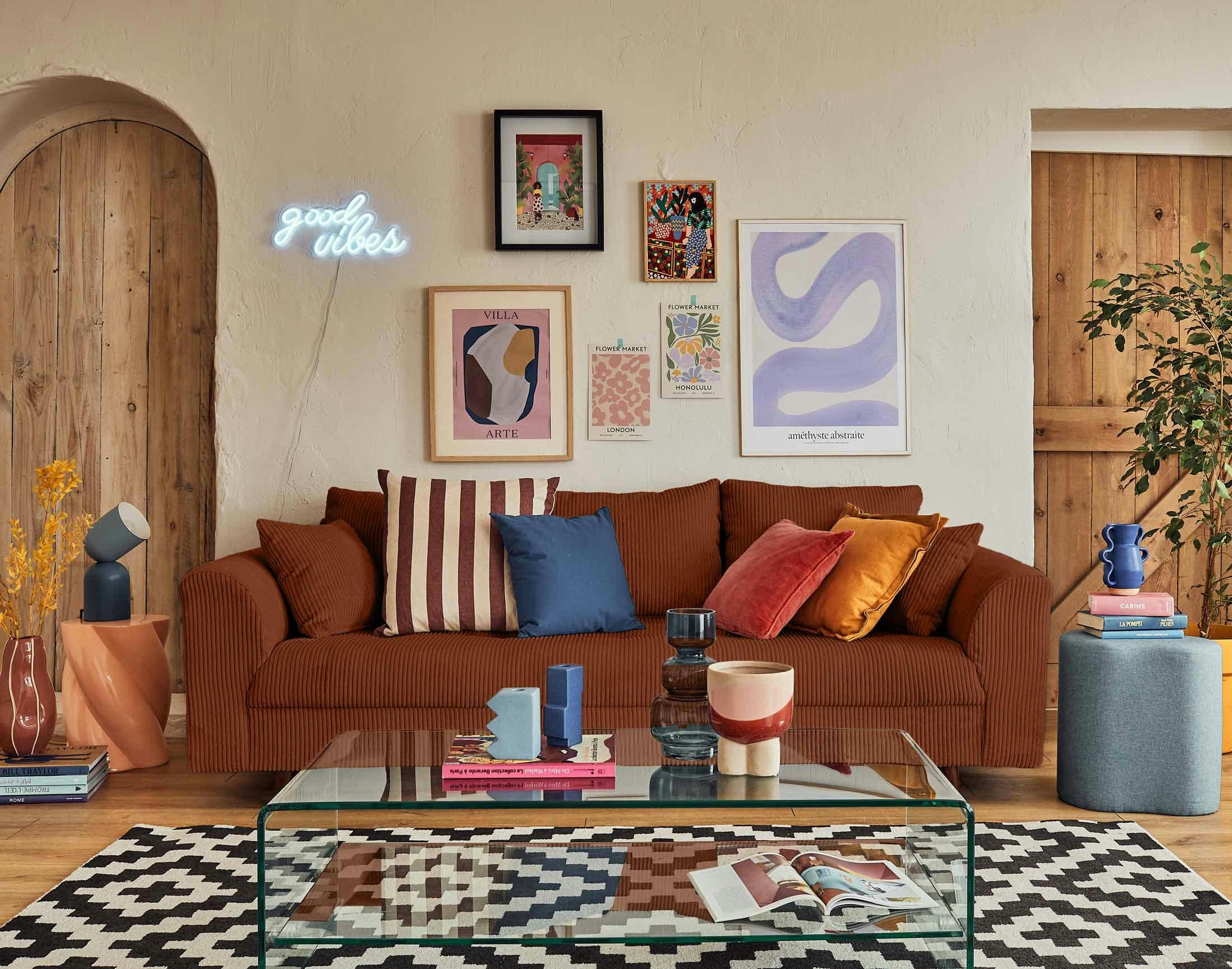 RUNE - Canapé droit 3 places en velours côtelé terracotta