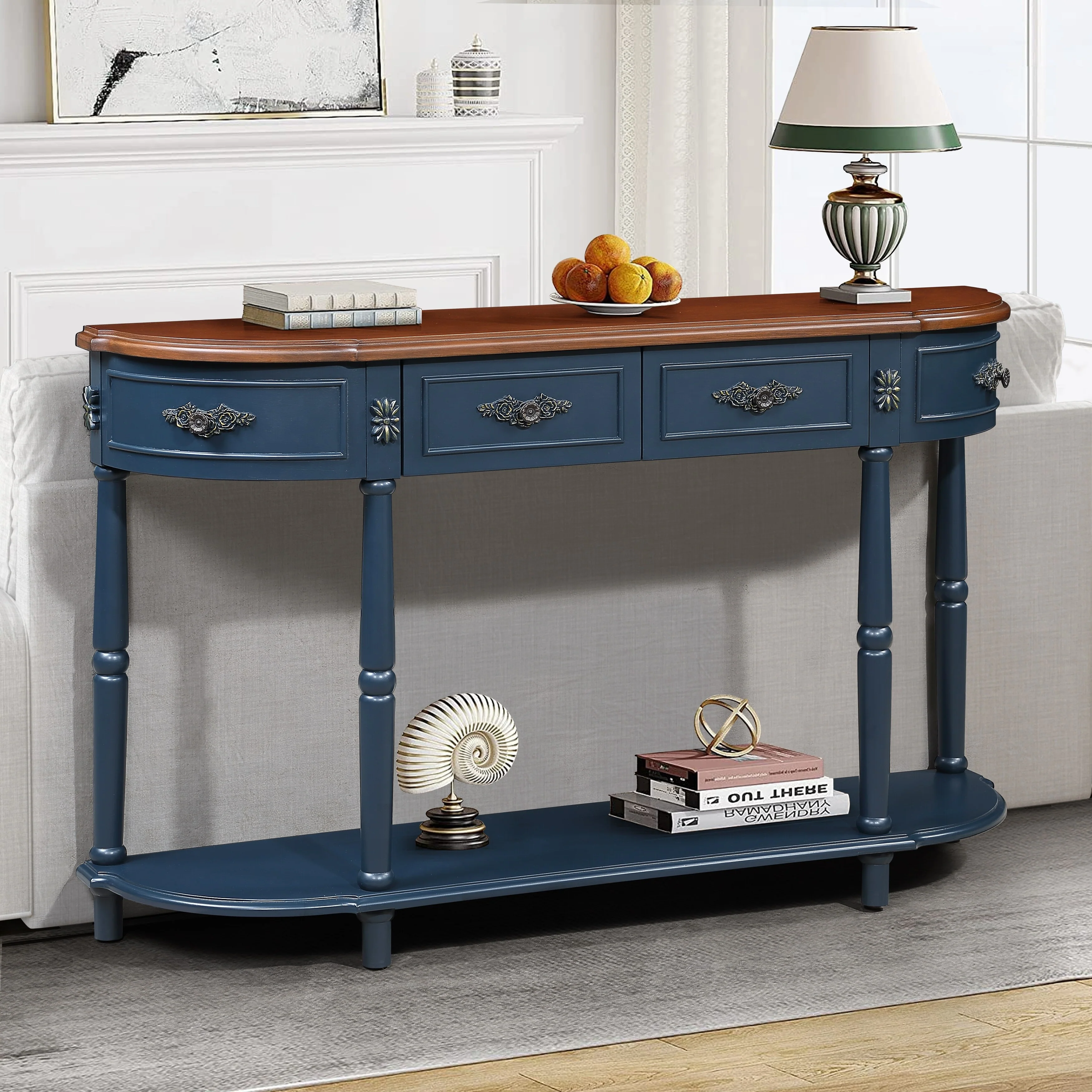 52 Curved Console Table Hallway Tables with Open Storage Shelf and Storage Drawers, Sofa Table Solid Wood Entryway Table