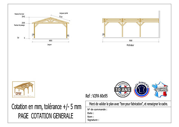 Carport adossé deux pentes 600cmx600cm bois DOUGLAS Français (Charpente en bois-auvent-abri voiture) 36m². Garantie 10 ans