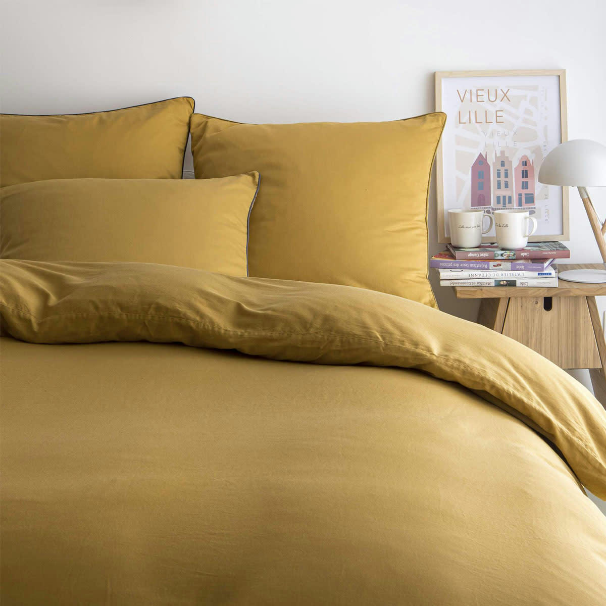 HOUBLON - Drap housse en satin de coton ocre 90x190